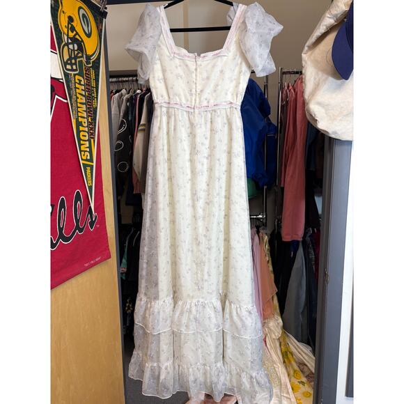 VINTAGE 70s Maxi Dress Womens Floral Sheer Tiered Puff Sleeve Fairy Prairie XS - Picture 5 of 7